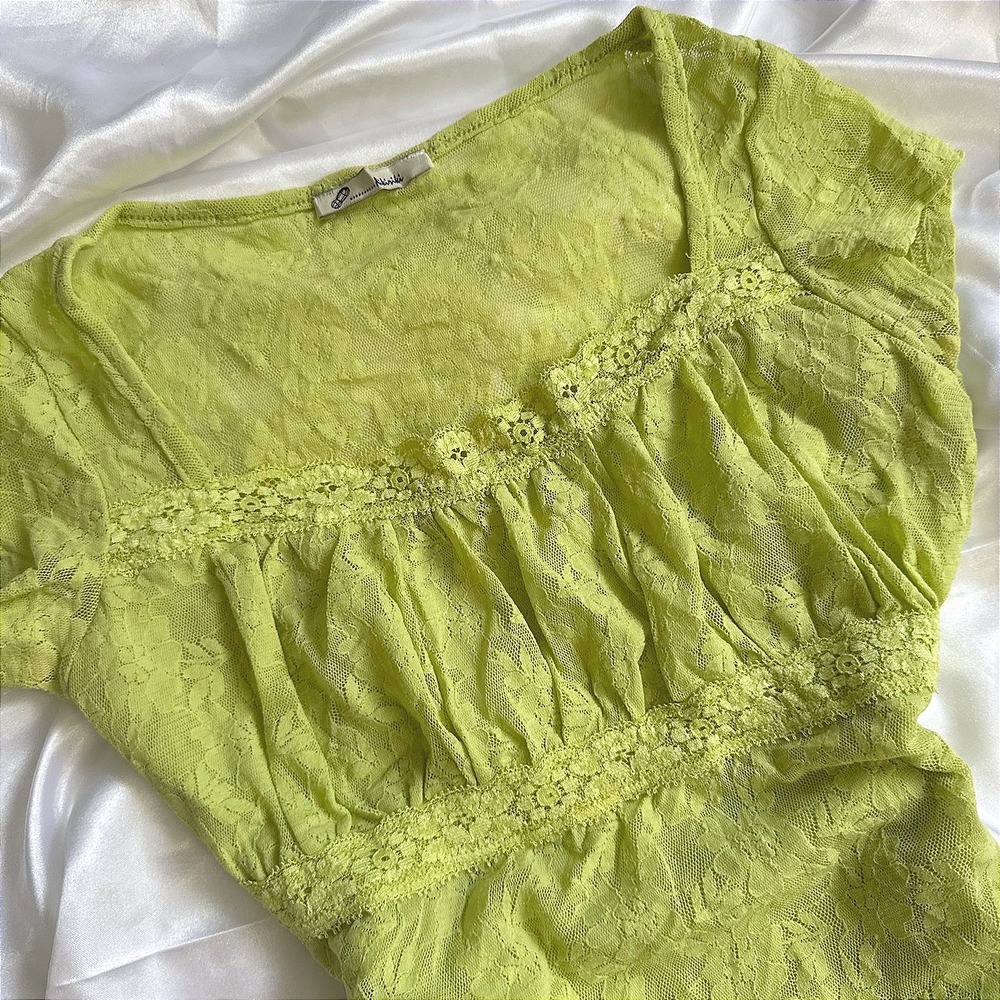 Kikiriki Lime Green Lace Empire Waist Top Crochet Trim Y2K Fairycore Blouse